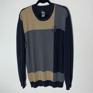 Lost Enterprises Black Grey Tan Colour Block Cotton Knit Crewneck Sweater XL